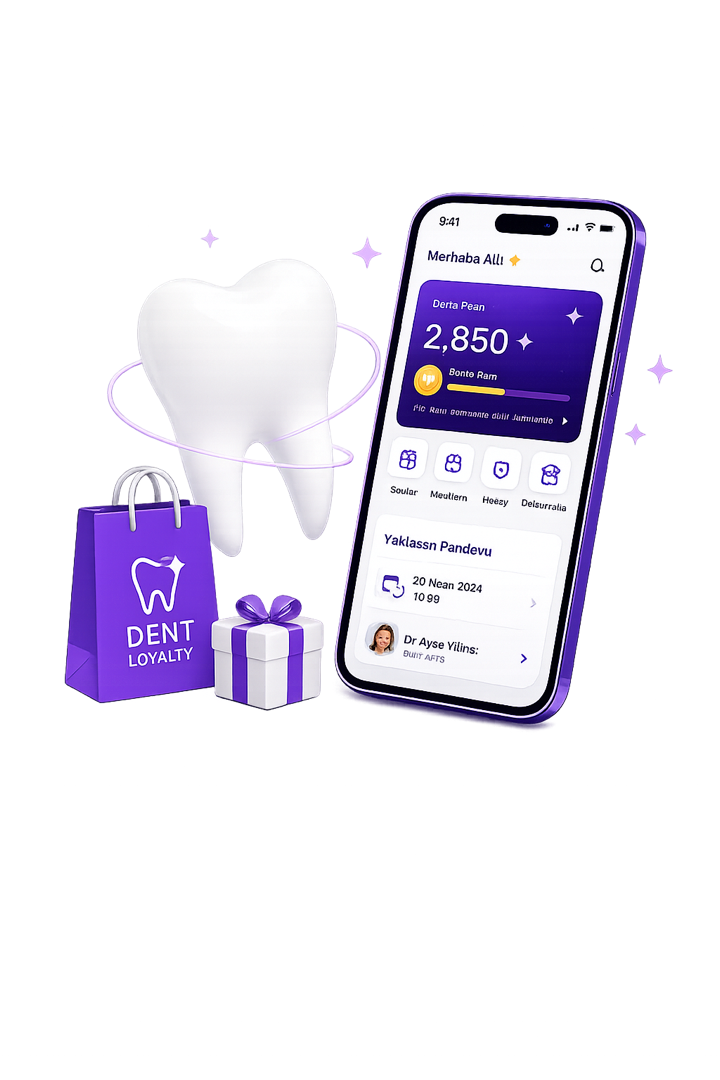 Dent Loyalth mobil uygulaması, diş, alışveriş çantası ve hediye görseli